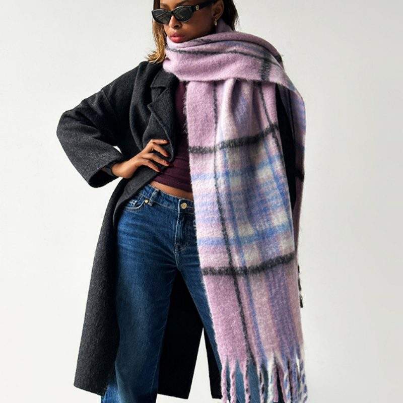 Fleece-Lined Mohair Plaid Scarf | Soft Thick Warm Winter Neck Warmer