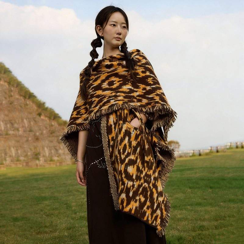 Jacquard Wool Long Fringe Shawl – Vintage Split Design Wrap