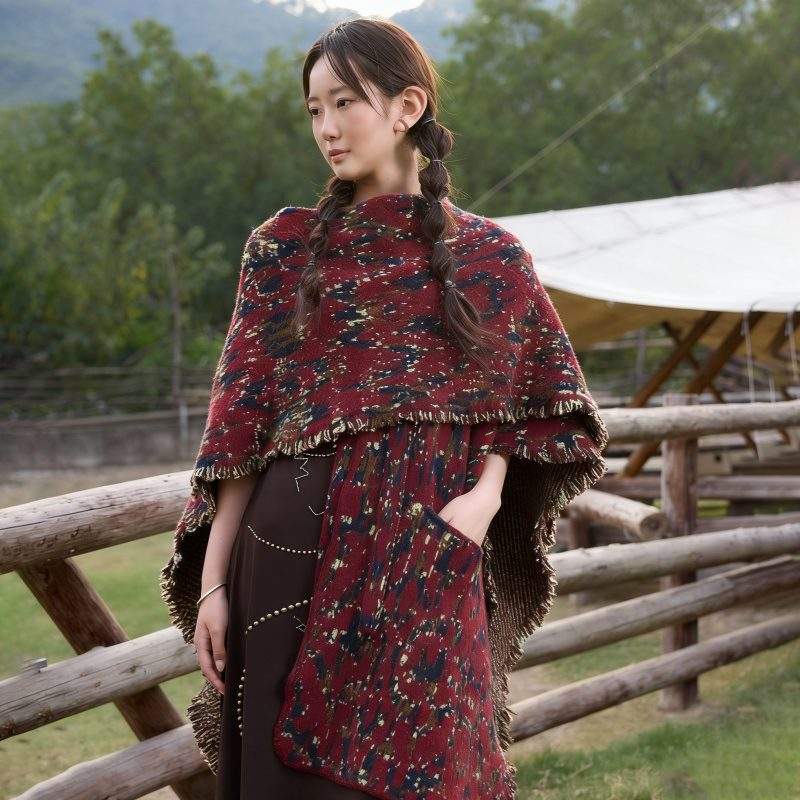 Jacquard Wool Long Fringe Shawl – Vintage Split Design Wrap - Image 4