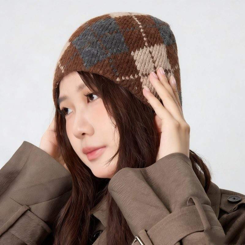 Classic Argyle Color Block Knit Beanie – Casual Warm Wool Hat - Image 3