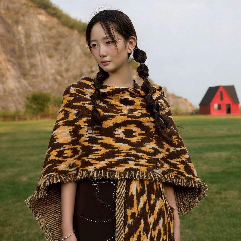 Jacquard Wool Long Fringe Shawl – Vintage Split Design Wrap - Image 3