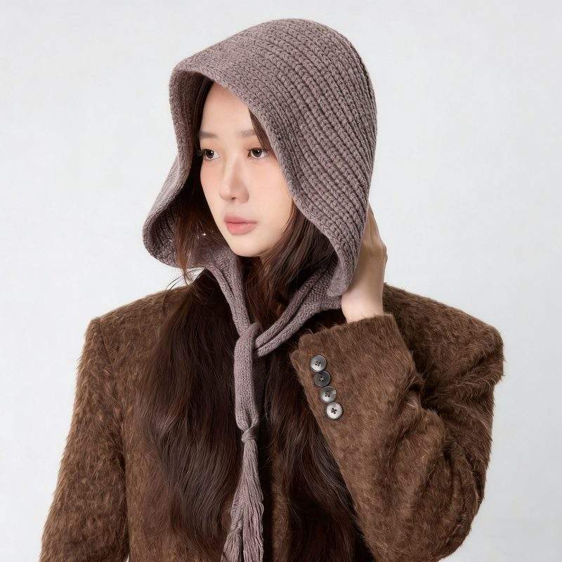Solid Color Knit Beanie with Tassel & Drawstring – Rolled Edge Winter Hat