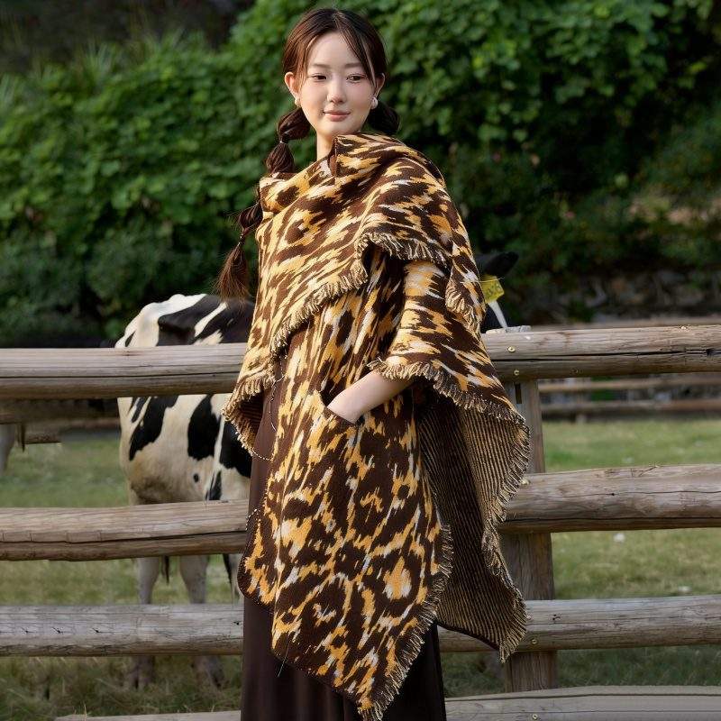 Jacquard Wool Long Fringe Shawl – Vintage Split Design Wrap - Image 2