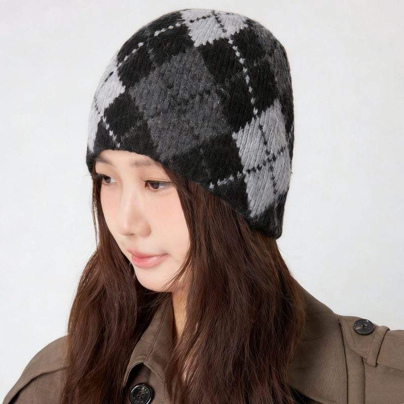 Classic Argyle Color Block Knit Beanie – Casual Warm Wool Hat