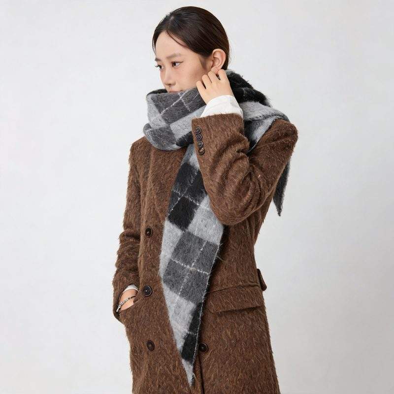 Vintage Diamond Jacquard Plaid Cotton Wool Triangle Scarf – Women’s Winter Neck Wrap - Image 4