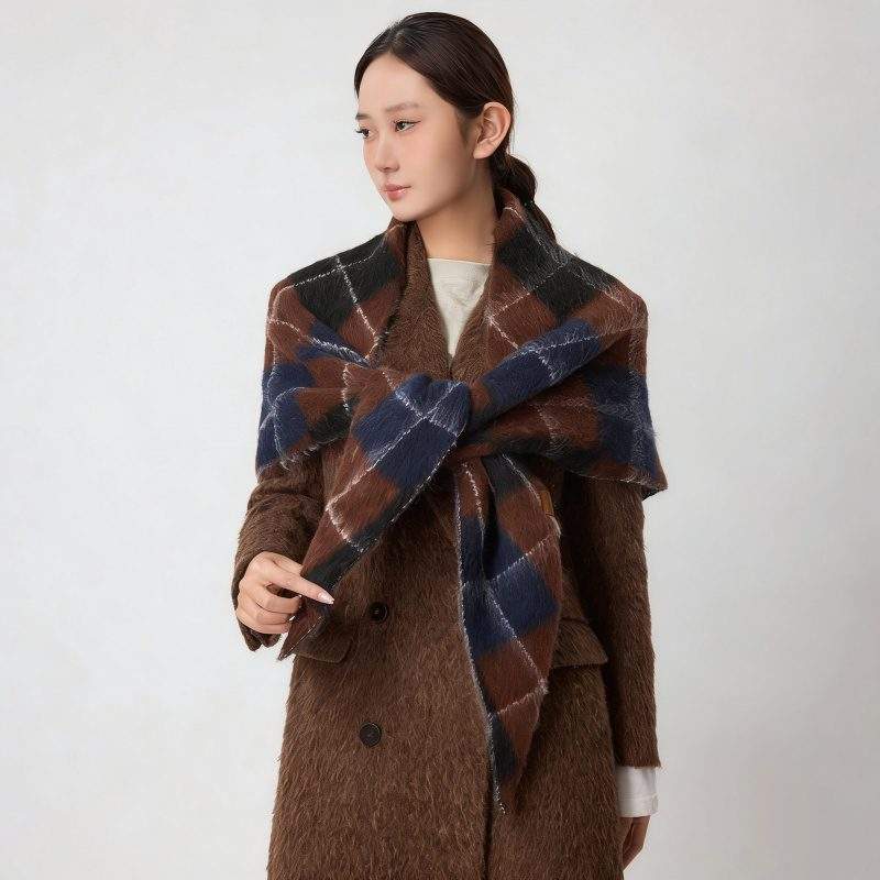 Vintage Diamond Jacquard Plaid Cotton Wool Triangle Scarf – Women’s Winter Neck Wrap - Image 3