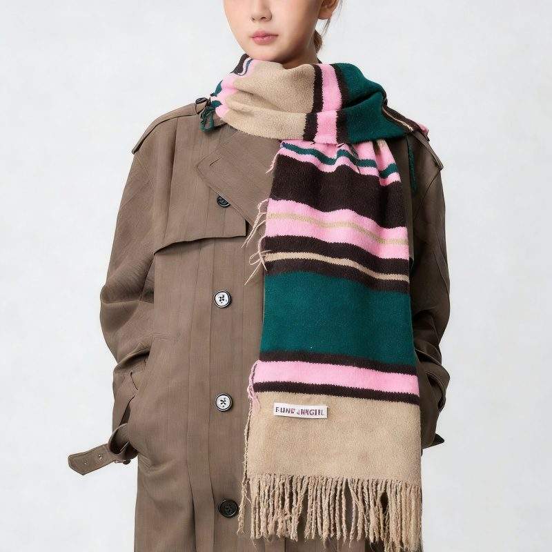 Striped Wool Knit Plush Neck Warmer Scarf for Winter - Image 4