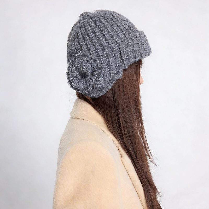 Fall Winter Floral Knit Beanie Hat Warm Solid Color Minimal Style - Image 4