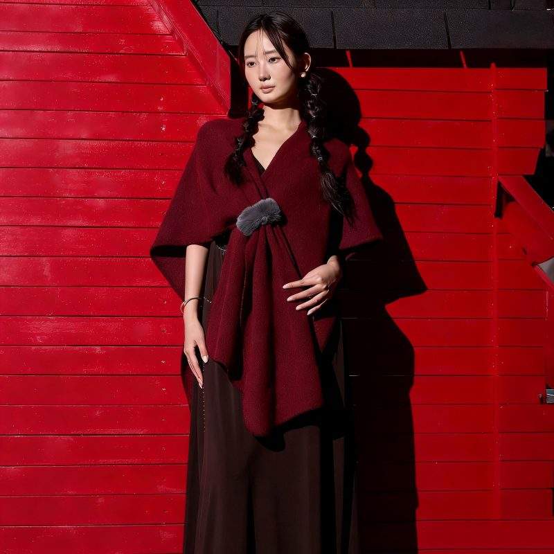 Wool Blend Knit Shawl with Button Long Versatile Wrap - Image 3