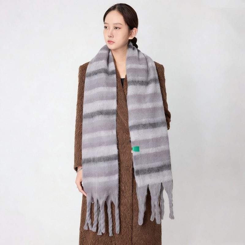 Thick Warm Plush Fringe Striped Scarf Versatile for Fall Winter