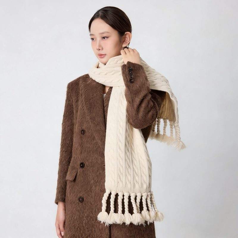 Solid Color Knit Cable Scarf Warm & Versatile for Fall Winter - Image 4