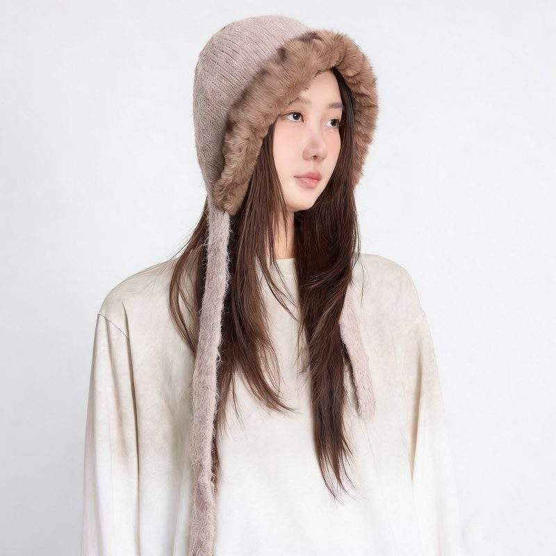 Women’s Wool Knit Beanie Hat Windproof Tie Strap Solid Color for Fall Winter