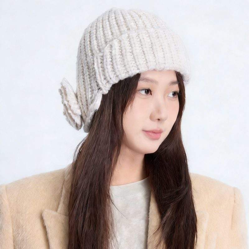 Fall Winter Floral Knit Beanie Hat Warm Solid Color Minimal Style - Image 3