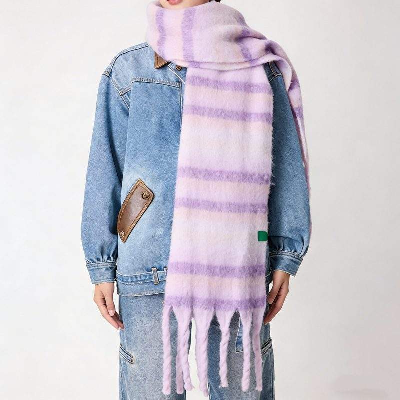 Thick Warm Plush Fringe Striped Scarf Versatile for Fall Winter - Image 2