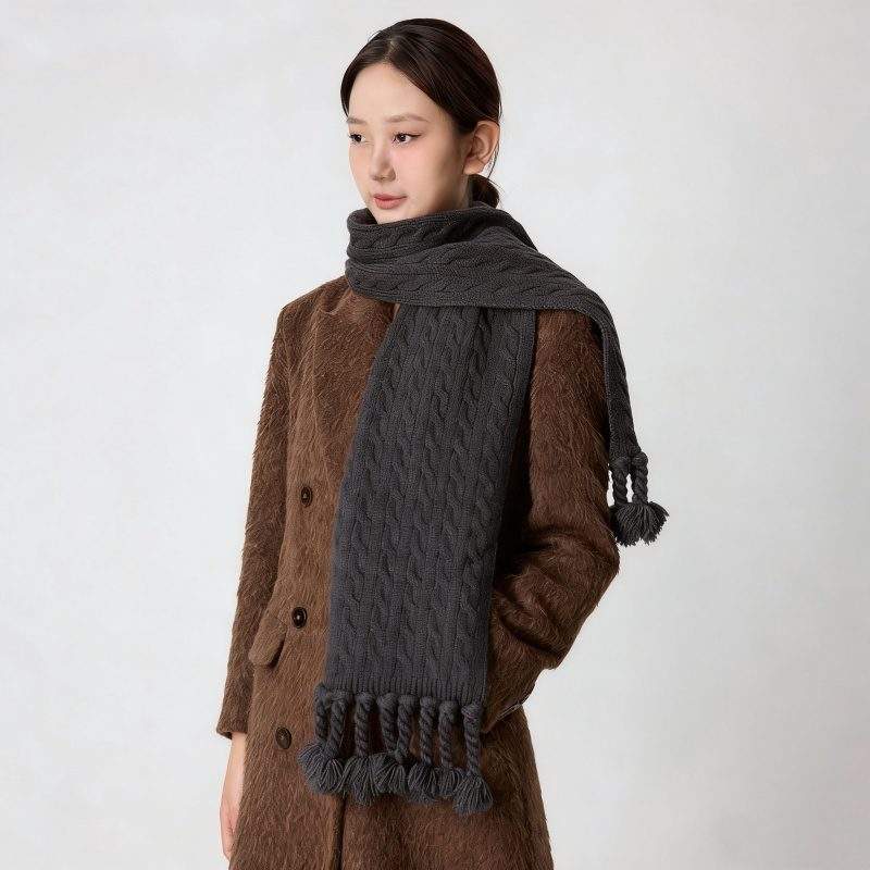 Solid Color Knit Cable Scarf Warm & Versatile for Fall Winter - Image 3