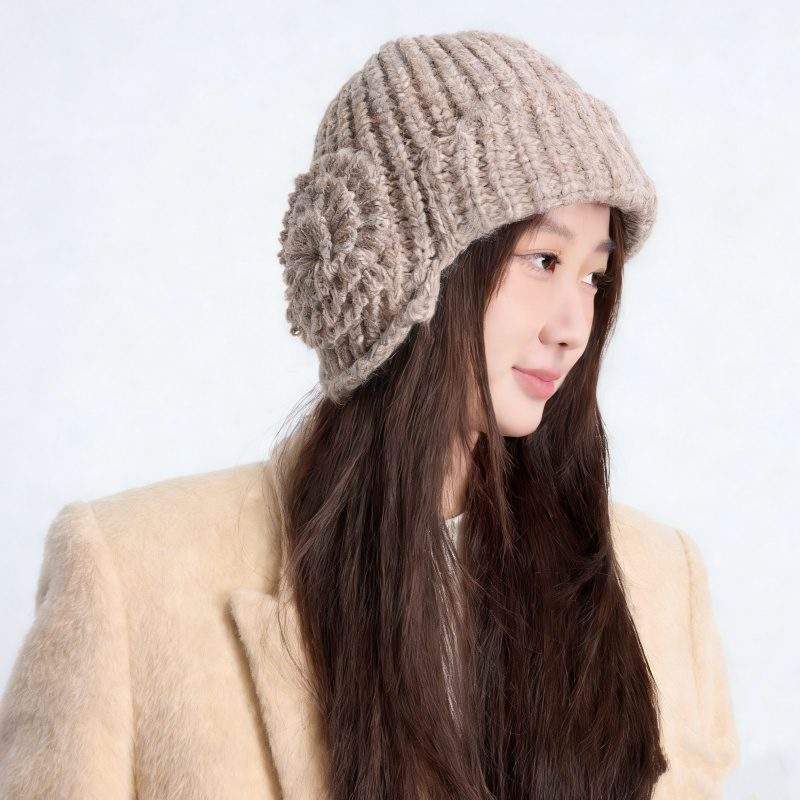 Fall Winter Floral Knit Beanie Hat Warm Solid Color Minimal Style - Image 2