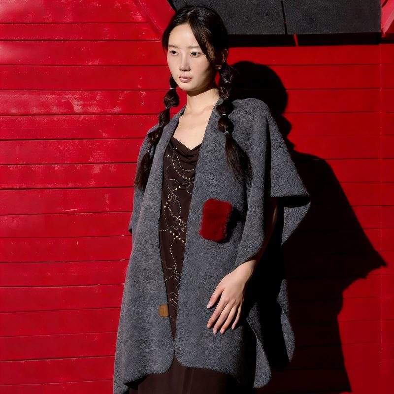 Wool Blend Knit Shawl with Button Long Versatile Wrap