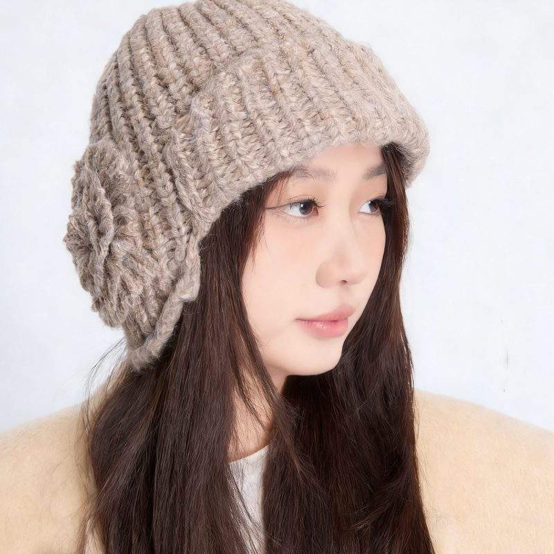 Fall Winter Floral Knit Beanie Hat Warm Solid Color Minimal Style