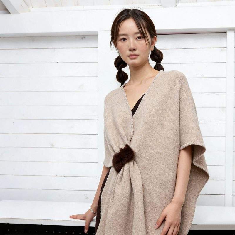 Wool Blend Knit Shawl with Button Long Versatile Wrap - Image 4