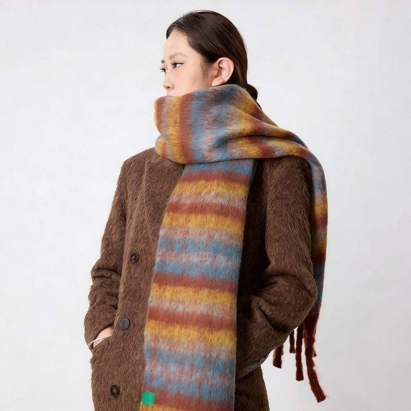 Thick Warm Plush Fringe Striped Scarf Versatile for Fall Winter - Image 4