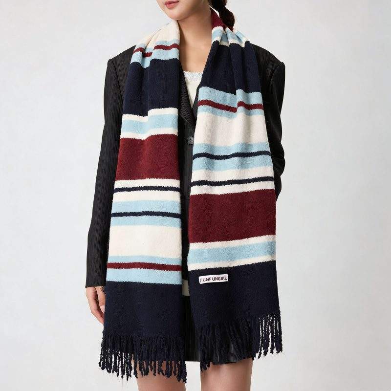 Striped Wool Knit Plush Neck Warmer Scarf for Winter