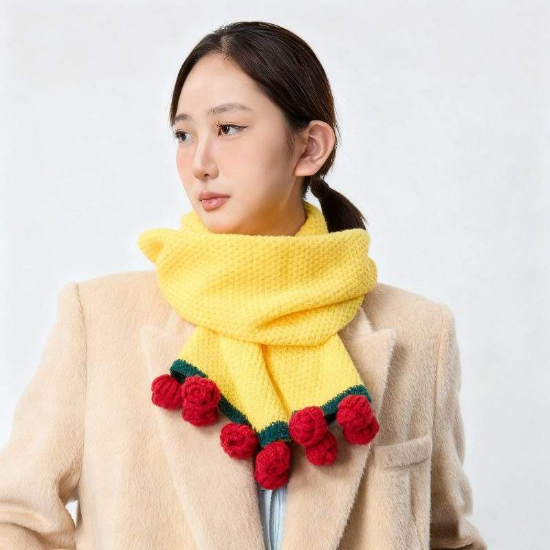 Handmade Rose Knit Warm Scarf for Women | Soft Thick Autumn Winter Neck Warmer - Image 3