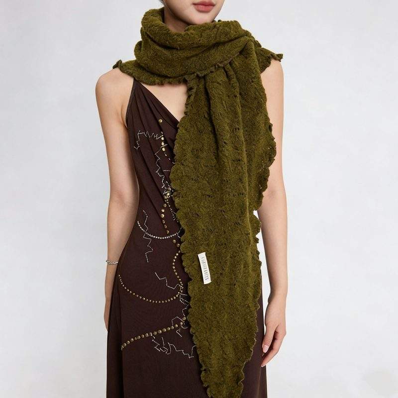 Women’s Winter Thick Knitted Wool Triangle Scarf Solid Color Shawl - Image 2