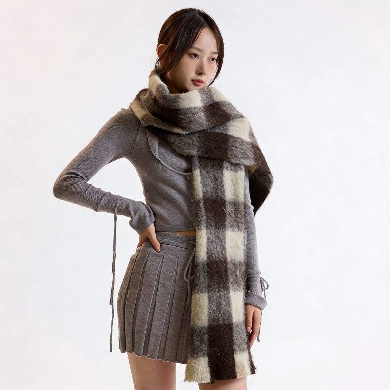 Women’s Winter Plaid Color Block Wool Scarf Fashion Warm Scarf - Image 4