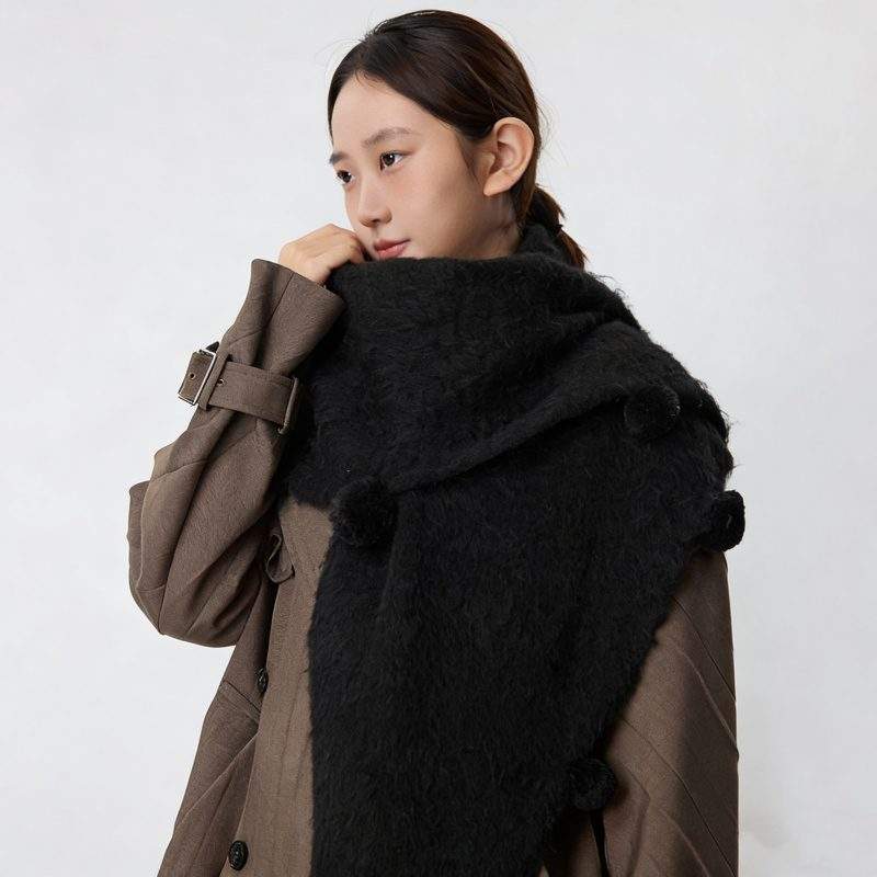 Wool Triangle Shawl Scarf with Pom Poms – Warm Knit Neck Wrap for Women - Image 4