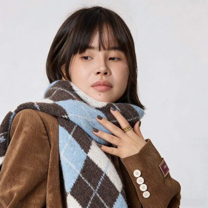 Wool Blend Diamond Pattern Color-Block Scarf – Thick Warm Knit Scarf for Fall & Winter - Image 2