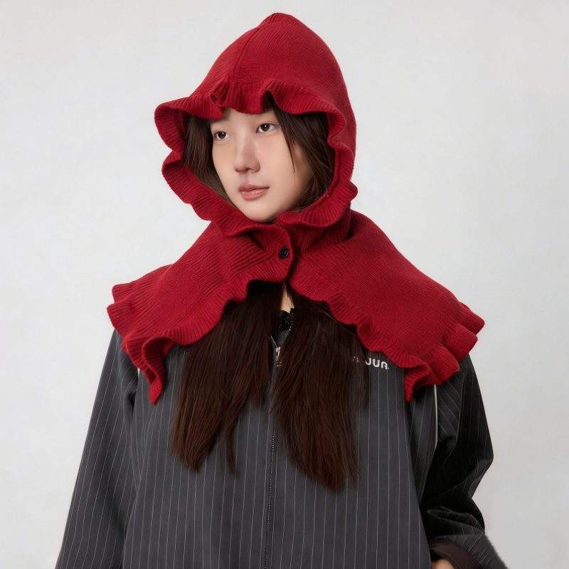 Wool Blend Ruffle Edge Hooded Scarf – Thick Knit Hat & Neck Warmer Set