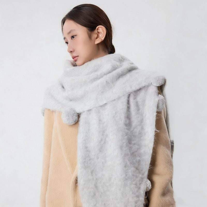 Wool Triangle Shawl Scarf with Pom Poms – Warm Knit Neck Wrap for Women - Image 3