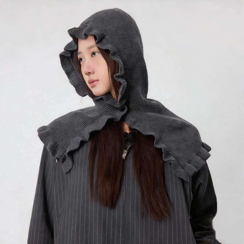Wool Blend Ruffle Edge Hooded Scarf – Thick Knit Hat & Neck Warmer Set - Image 2