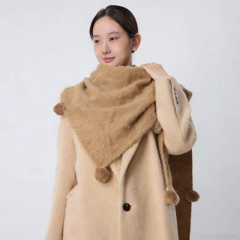 Wool Triangle Shawl Scarf with Pom Poms – Warm Knit Neck Wrap for Women - Image 2