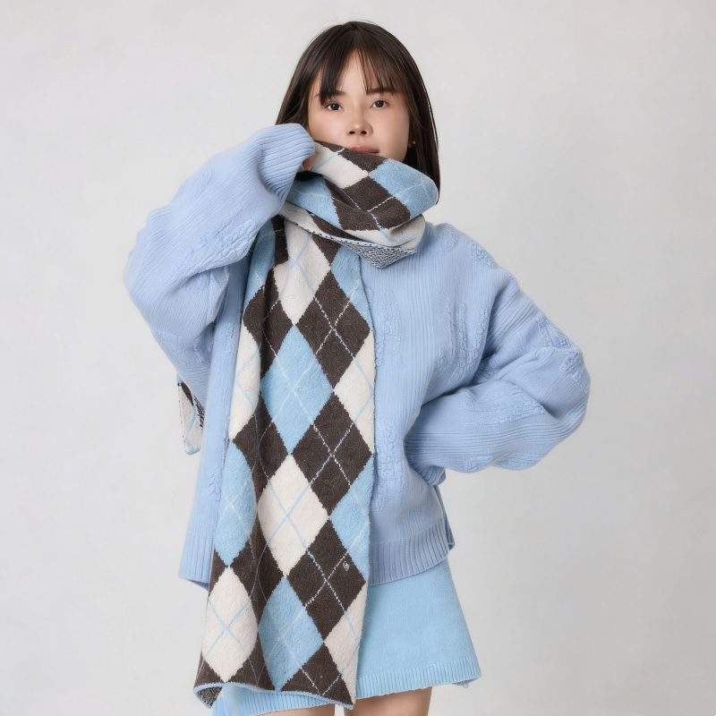 Wool Blend Diamond Pattern Color-Block Scarf – Thick Warm Knit Scarf for Fall & Winter - Image 3