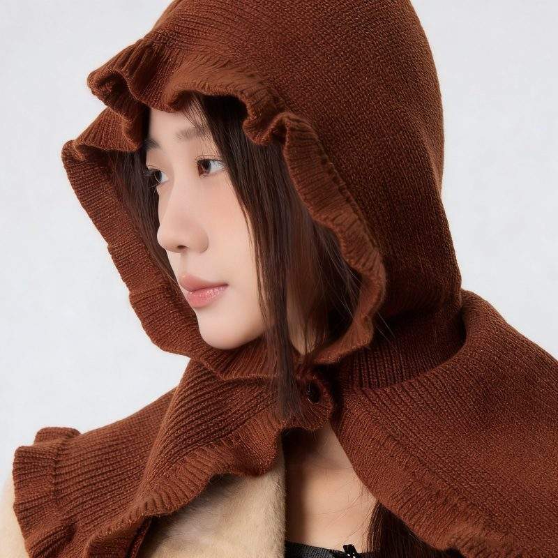 Wool Blend Ruffle Edge Hooded Scarf – Thick Knit Hat & Neck Warmer Set - Image 3