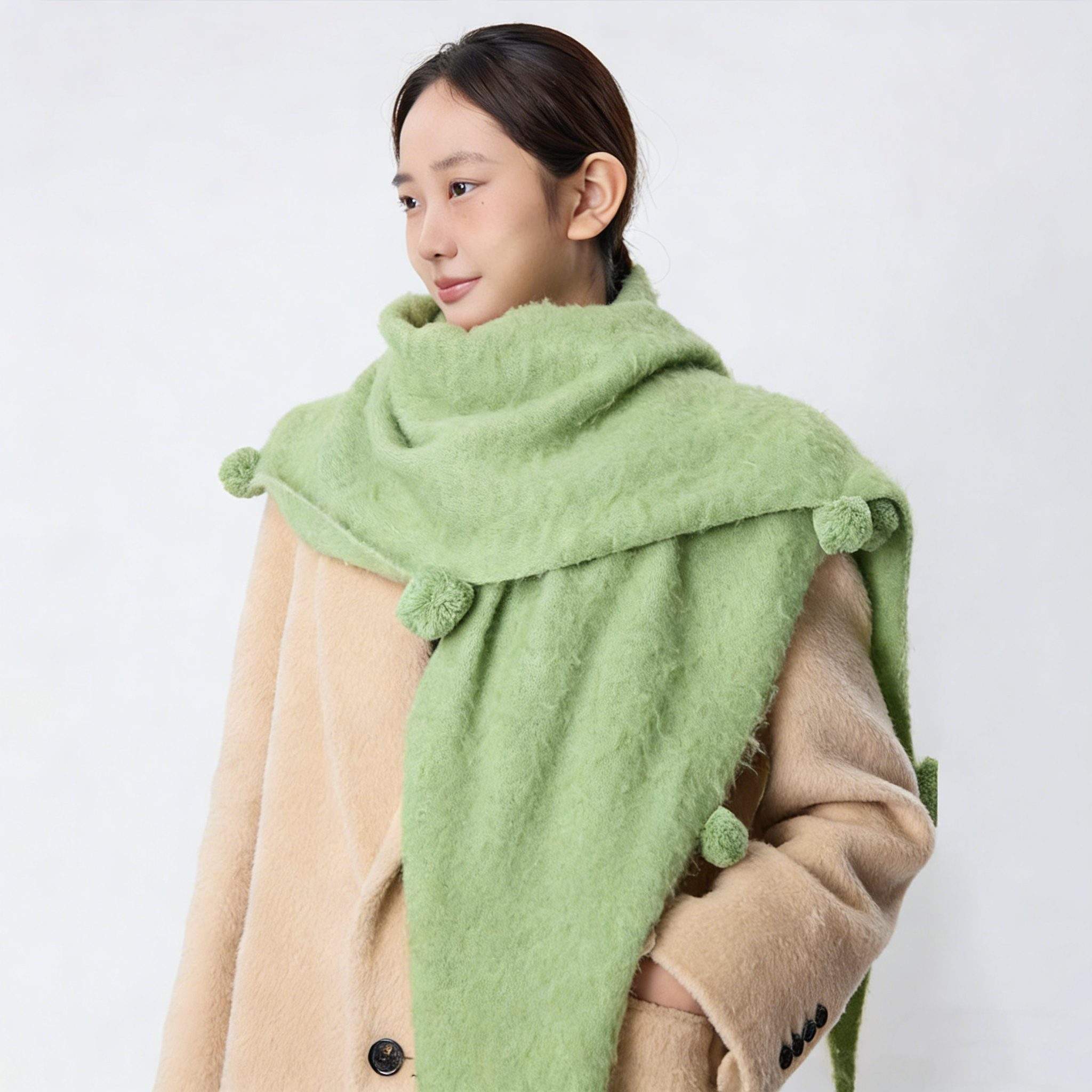 Wool Triangle Shawl Scarf with Pom Poms – Warm Knit Neck Wrap for Women