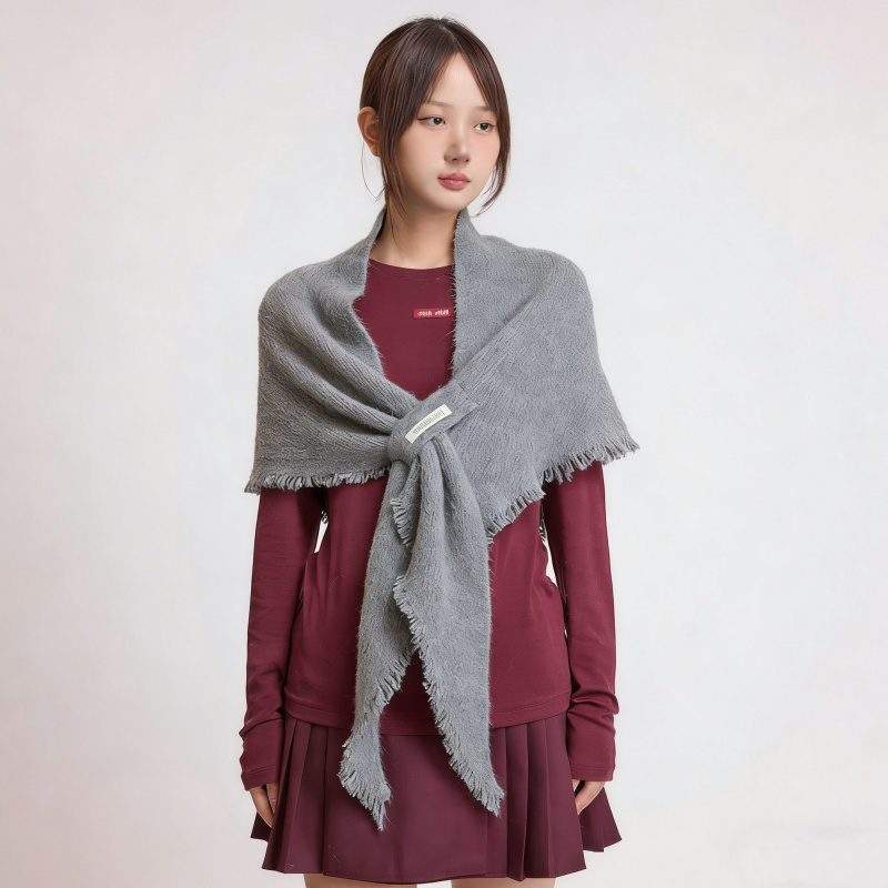 Wool Blend Knit Triangle Scarf – Warm Shawl Scarf for Women