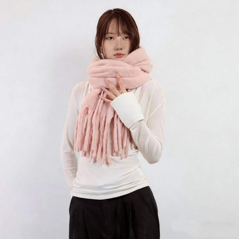 Solid Color Faux Cashmere Fringe Scarf – Warm Knit Scarf for Women - Image 3